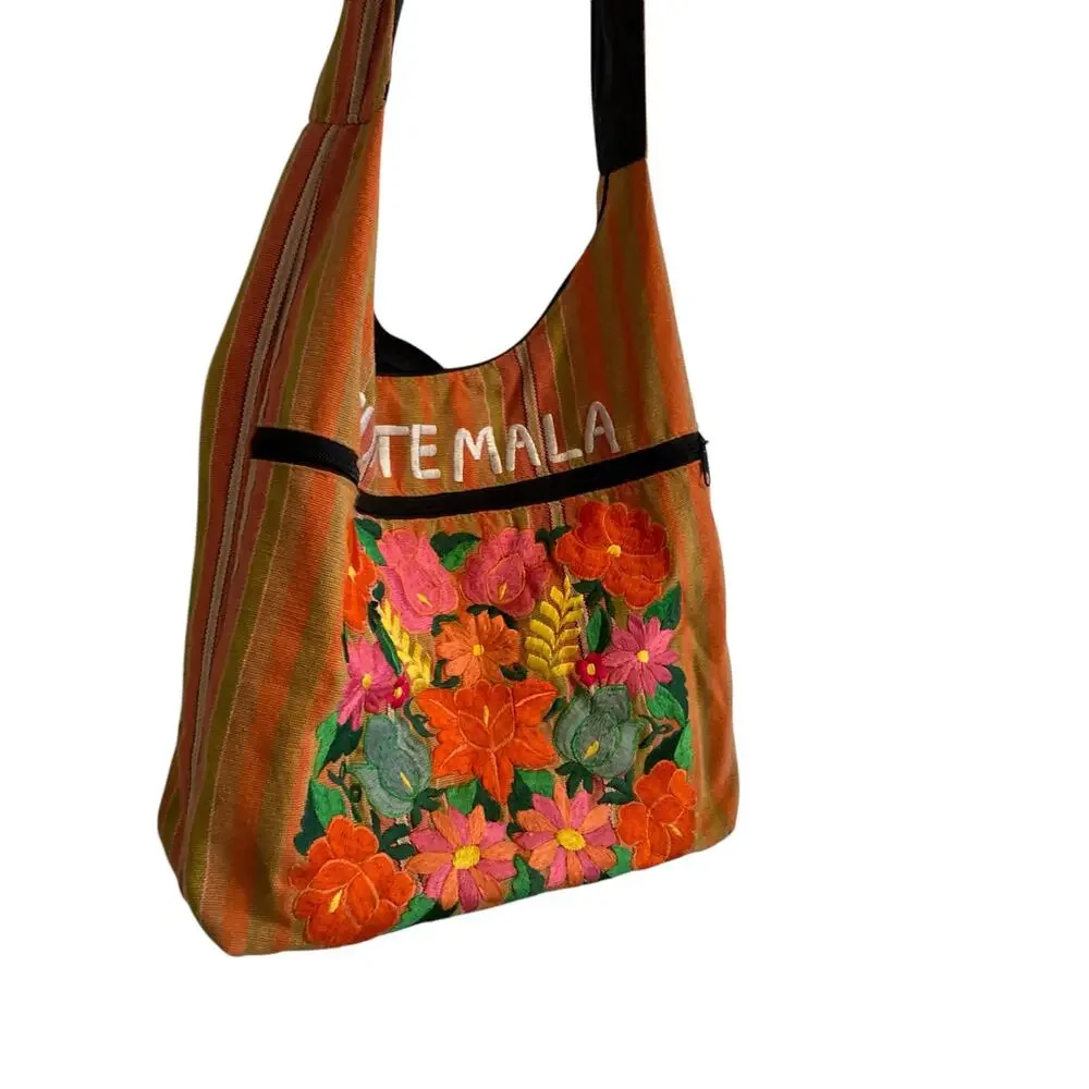 Guatemala Embroidered Floral Hobo Bag Multicolor Striped Shoulder Boho